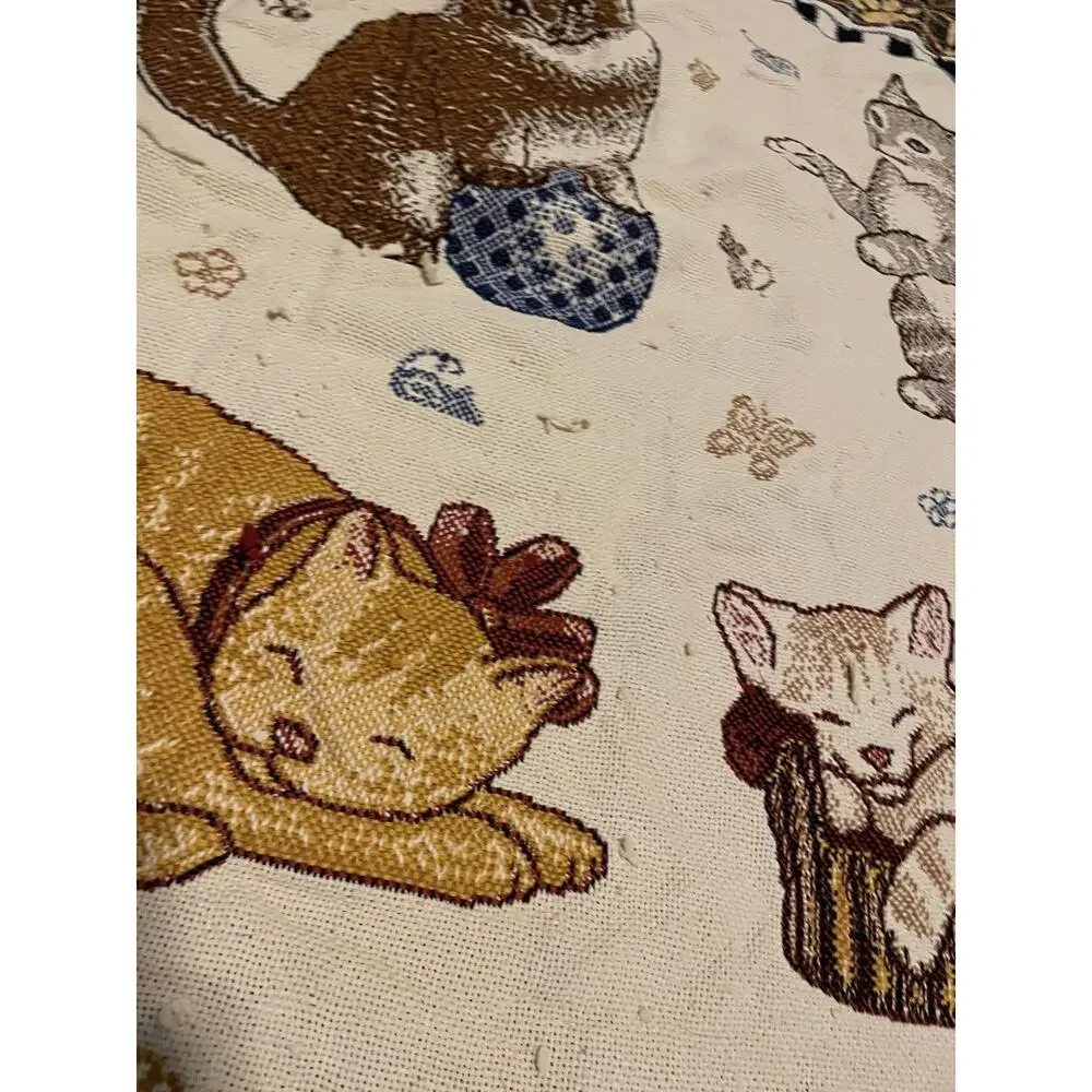 VTG Cat Tapestry Throw Blanket Reversible Woven Cotton Beige Fringe Paw READ